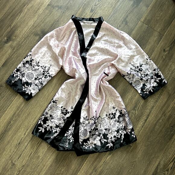Hunkermoller Satin Pink Black Art Whimsical Kimono Robe Size L - Picture 1 of 8